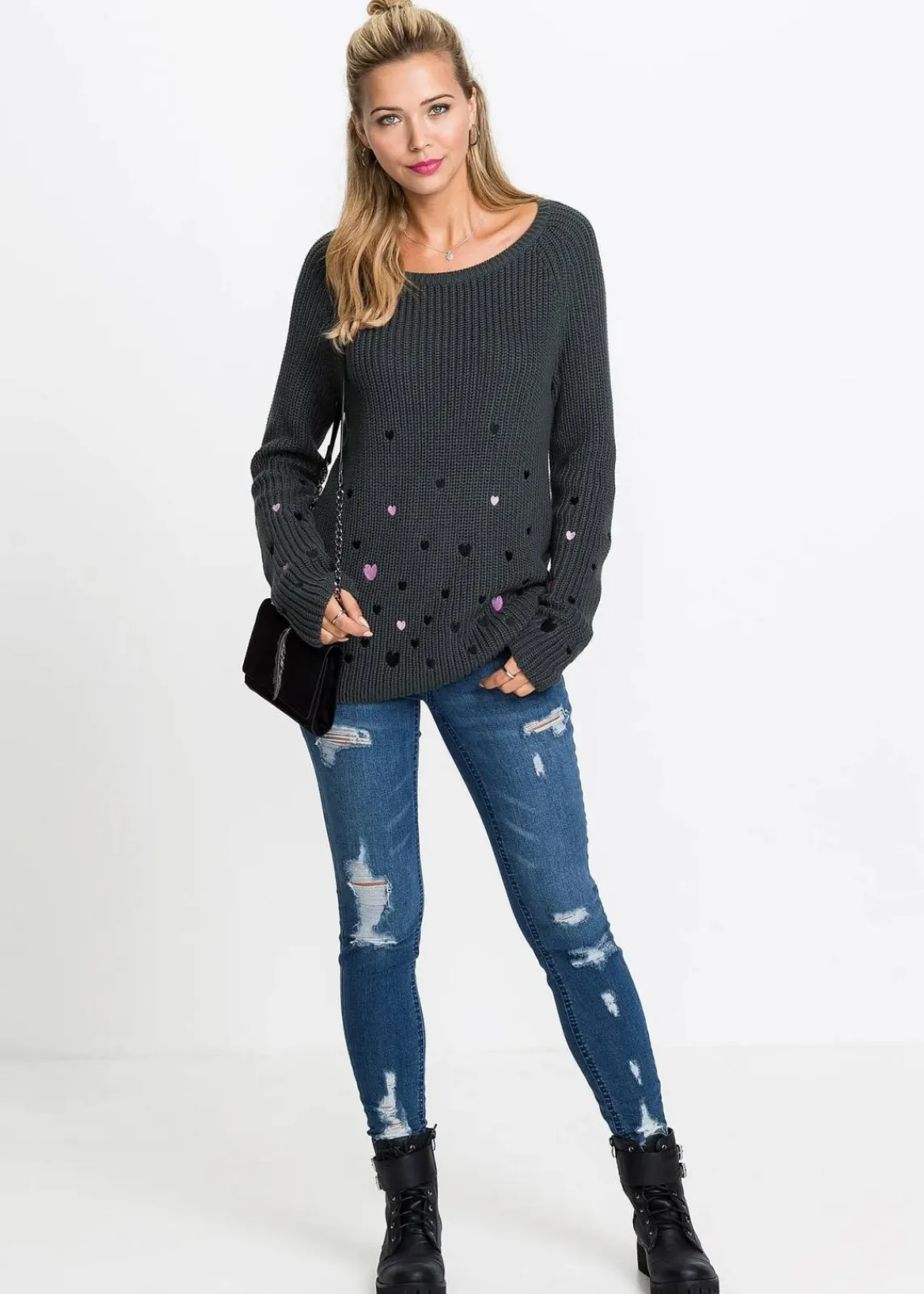 bonprix Bekleidung·Umstandsmode|Bekleidung·Jeans^Pullover mit Stickerei anthrazit bedruckt