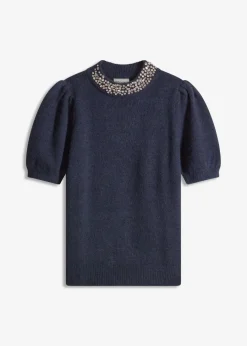 bonprix Strickmode|Pullover & Strickjacken^Pullover mit Strass-Applikation dunkelblau/nachtblau meliert