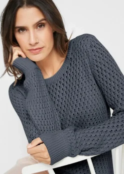 bonprix Pullover & Strickjacken|Strickmode^Pullover mit Strukturstrick aus Baumwollmix nachtblau