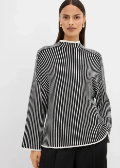 bonprix Bekleidung·Umstandsmode|Bekleidung·Jeans^Pullover mit Turtleneck aus Viskose-Mix schwarz/wollweiß längs gestreift