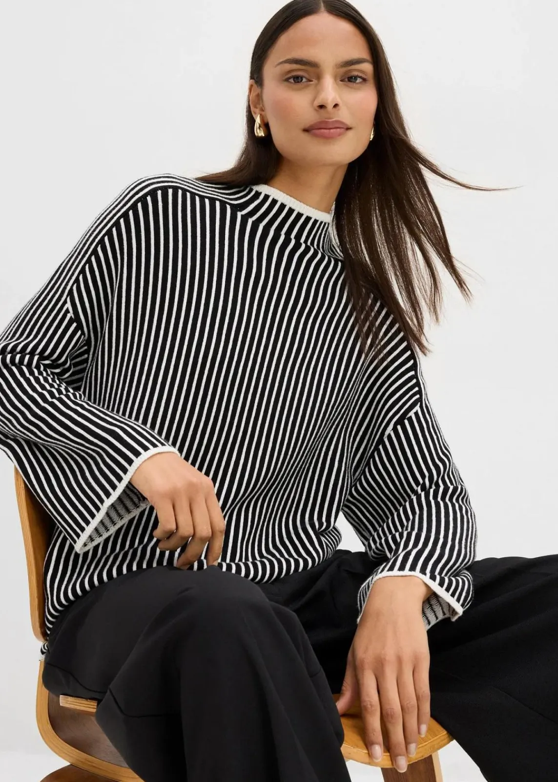 bonprix Bekleidung·Umstandsmode|Bekleidung·Jeans^Pullover mit Turtleneck aus Viskose-Mix schwarz/wollweiß längs gestreift