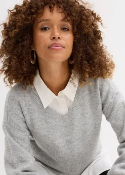 bonprix Pullover & Strickjacken|Basics^Pullover mit V-Ausschnitt hellgrau meliert meliert