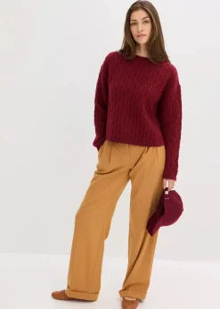 bonprix Pullover & Strickjacken|Strickmode^Pullover mit Zopfmuster pflaumenrot