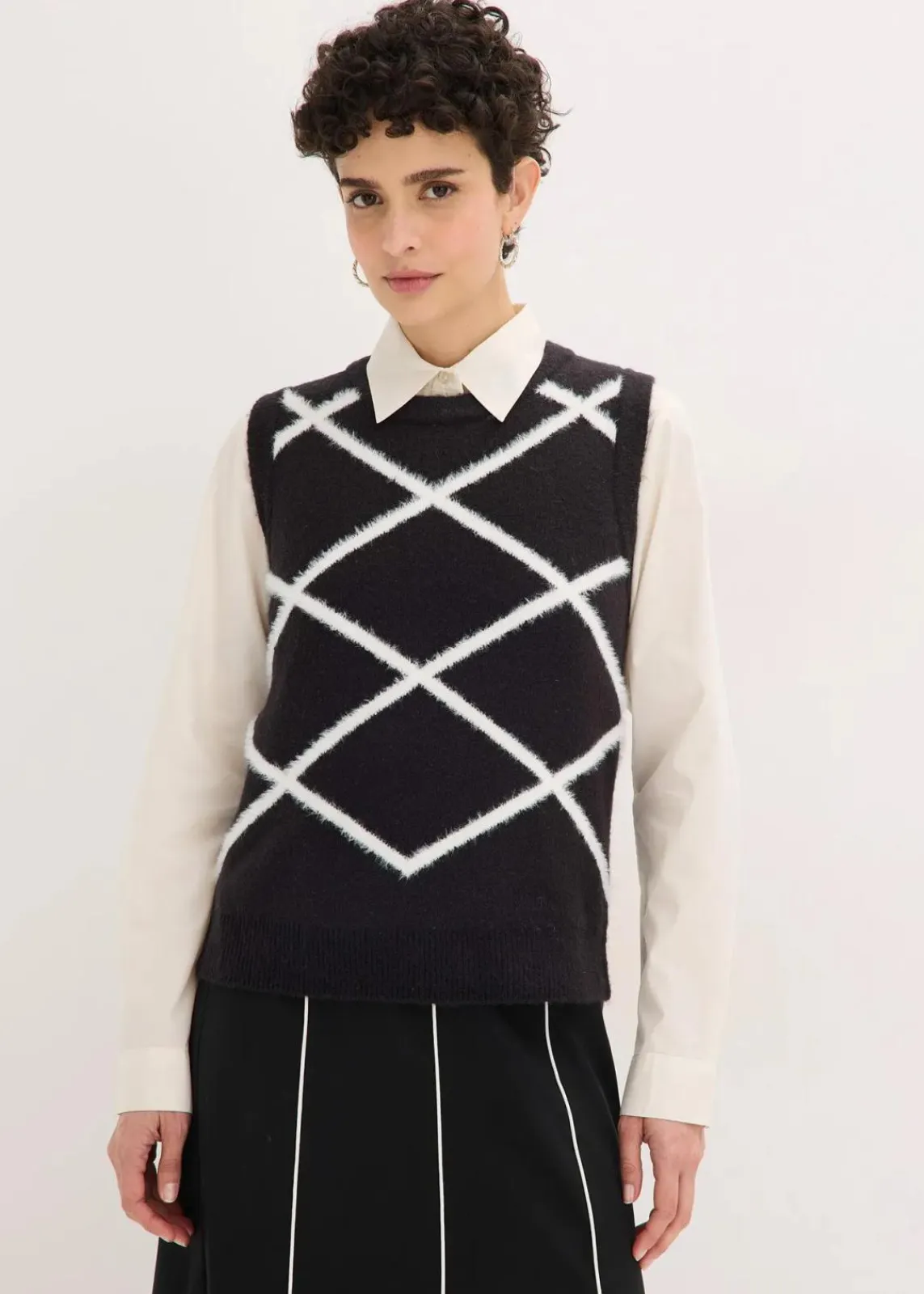 bonprix Pullover & Strickjacken|Strickmode^Pullunder mit Federgarn schwarz/wollweiß graphisch