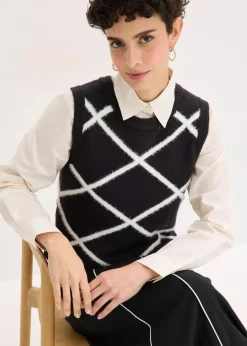 bonprix Pullover & Strickjacken|Strickmode^Pullunder mit Federgarn schwarz/wollweiß graphisch