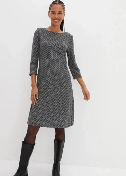bonprix Kleider|Bekleidung·Pullover & Strickjacken^Punto di Roma-Kleid mit Jaquardmuster aus Viskose-Mix schwarz/wollweiß graphisch