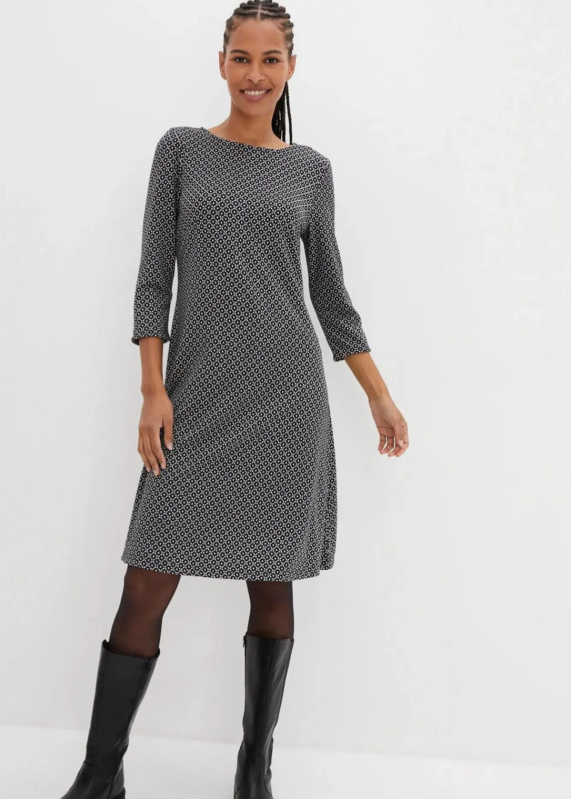 bonprix Kleider|Bekleidung·Pullover & Strickjacken^Punto di Roma-Kleid mit Jaquardmuster aus Viskose-Mix schwarz/wollweiß graphisch