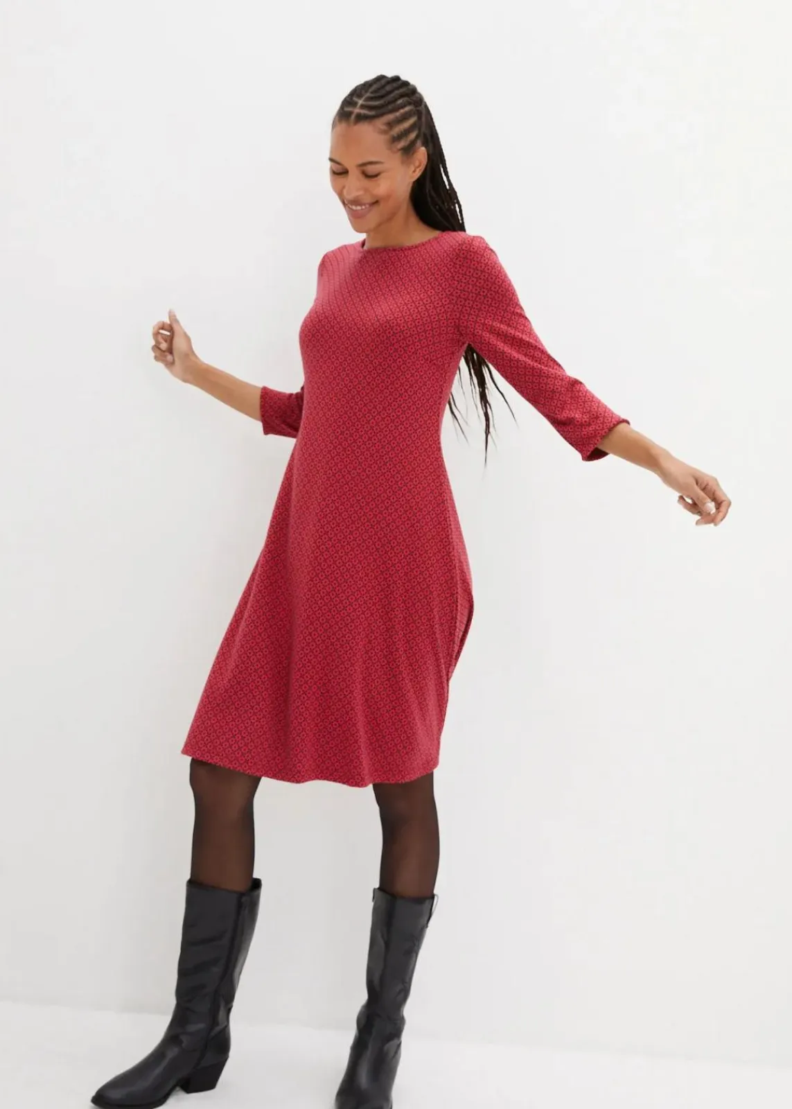 bonprix Bekleidung·Pullover & Strickjacken|Kleider^Punto di Roma-Kleid mit Jaquardmuster aus Viskose-Mix magentarot/schwarz graphisch