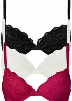 bonprix Große Cups D-H|Nachhaltigere Materialien^Push-up-BH mit feiner Spitze (3er Pack) beerenrot + ecru + schwarz