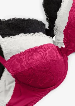 bonprix Große Cups D-H|Nachhaltigere Materialien^Push-up-BH mit feiner Spitze (3er Pack) beerenrot + ecru + schwarz