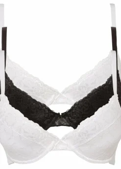 bonprix Große Cups D-H|Nachhaltigere Materialien^Push-up-BH mit feiner Spitze (3er Pack) 2x weiß + 1x schwarz