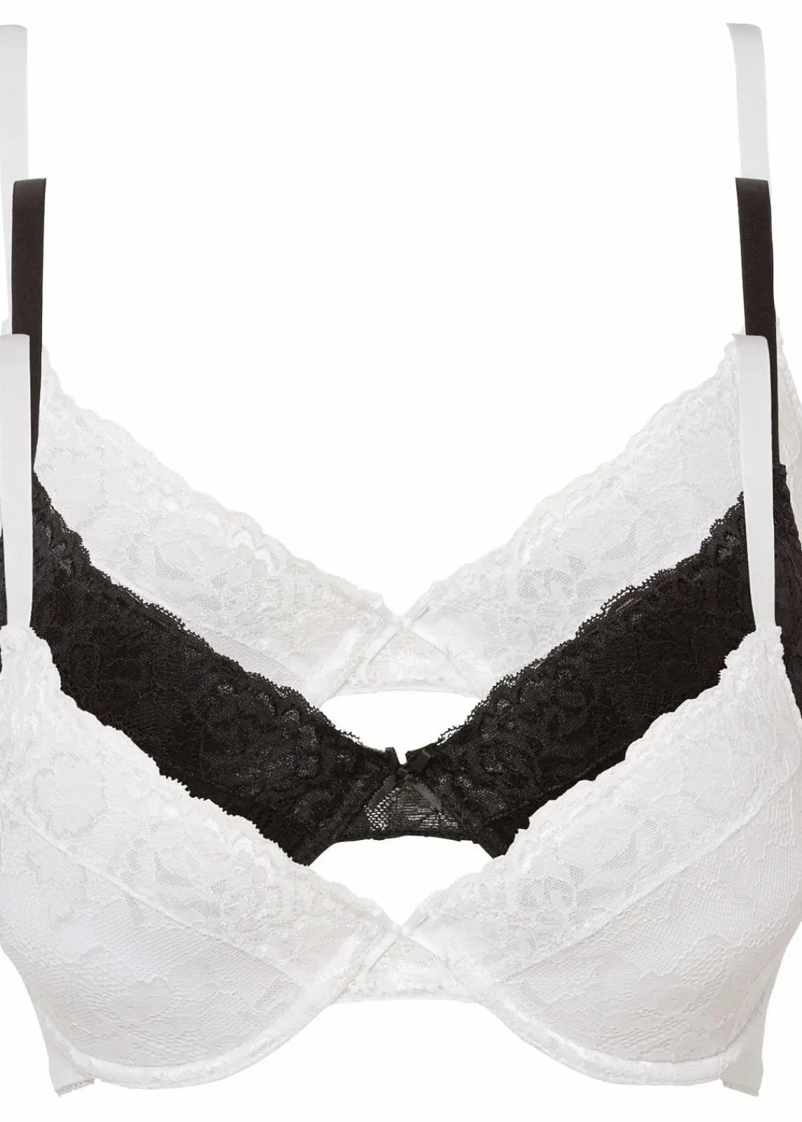 bonprix Große Cups D-H|Nachhaltigere Materialien^Push-up-BH mit feiner Spitze (3er Pack) 2x weiß + 1x schwarz