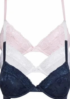 bonprix Große Cups D-H|Nachhaltigere Materialien^Push-up-BH mit feiner Spitze (3er Pack) dunkelblau + zartrosa + weiß