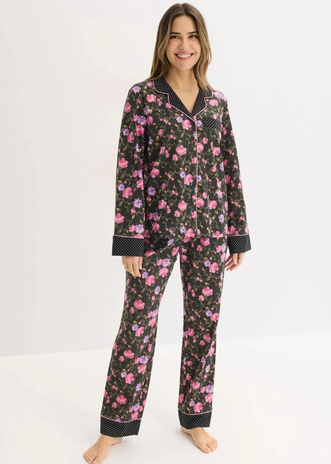bonprix Wäsche·Nachtwäsche|Nachtwäsche^Pyjama aus reiner Baumwolle schwarz geblümt/gepunktet