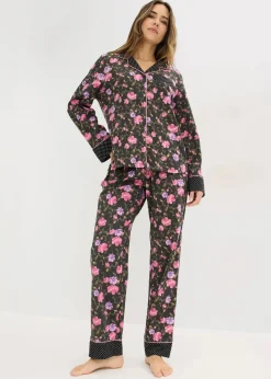 bonprix Wäsche·Nachtwäsche|Nachtwäsche^Pyjama aus reiner Baumwolle schwarz geblümt/gepunktet