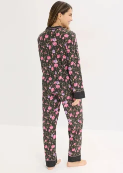 bonprix Wäsche·Nachtwäsche|Nachtwäsche^Pyjama aus reiner Baumwolle schwarz geblümt/gepunktet