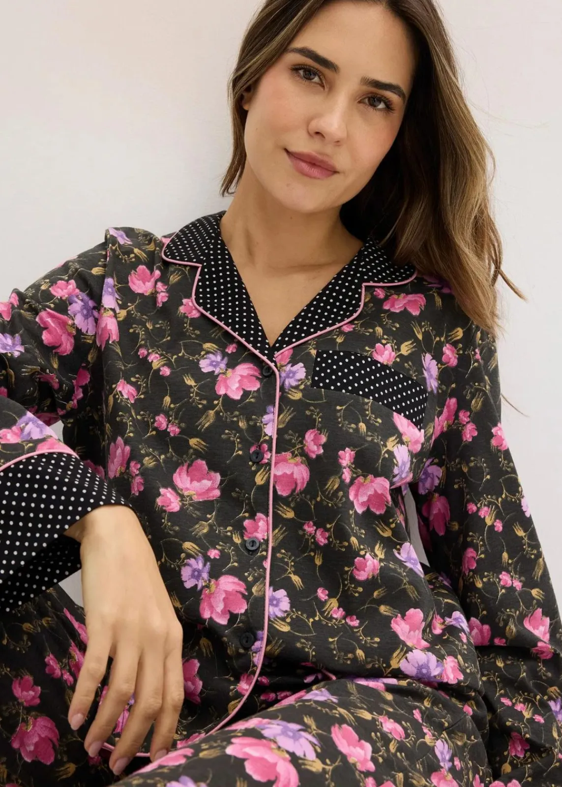 bonprix Wäsche·Nachtwäsche|Nachtwäsche^Pyjama aus reiner Baumwolle schwarz geblümt/gepunktet