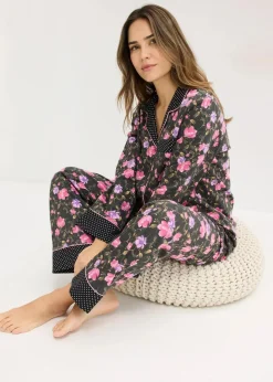bonprix Wäsche·Nachtwäsche|Nachtwäsche^Pyjama aus reiner Baumwolle schwarz geblümt/gepunktet