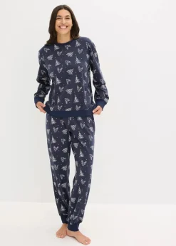 bonprix Nachtwäsche^Pyjama aus reiner Baumwolle mit Glitzerdruck intensivblau bedruckt