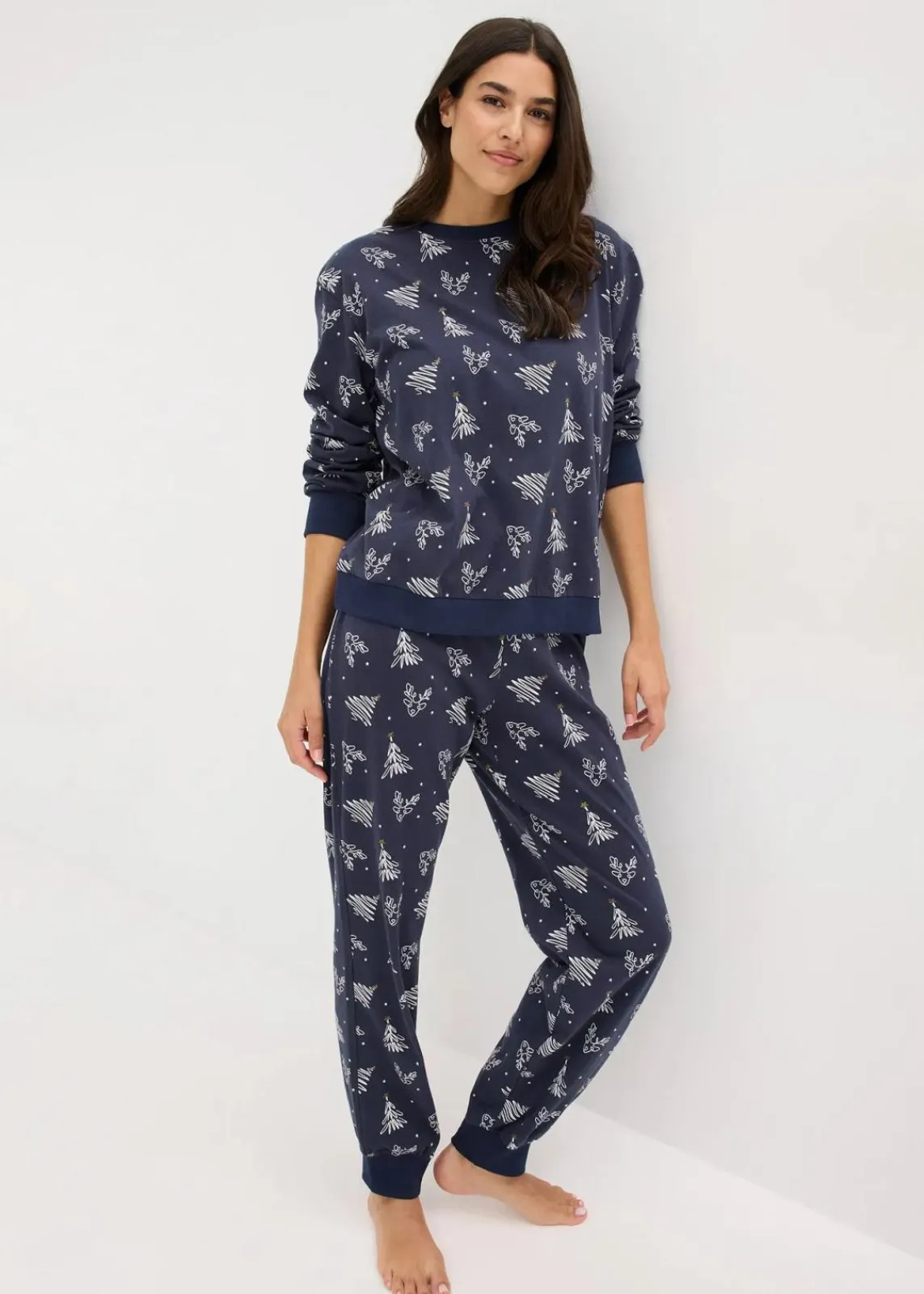 bonprix Nachtwäsche^Pyjama aus reiner Baumwolle mit Glitzerdruck intensivblau bedruckt
