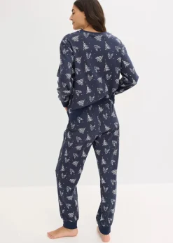 bonprix Nachtwäsche^Pyjama aus reiner Baumwolle mit Glitzerdruck intensivblau bedruckt