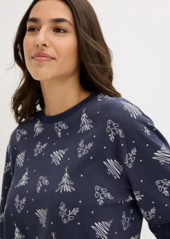 bonprix Nachtwäsche^Pyjama aus reiner Baumwolle mit Glitzerdruck intensivblau bedruckt