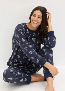 bonprix Nachtwäsche^Pyjama aus reiner Baumwolle mit Glitzerdruck intensivblau bedruckt
