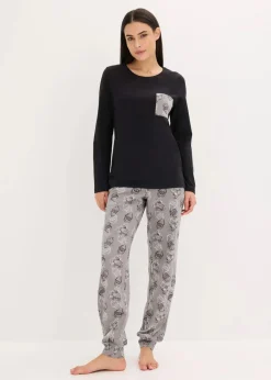 bonprix Wäsche·Nachtwäsche|Nachtwäsche^Pyjama aus reiner Baumwolle schwarz/grau bedruckt