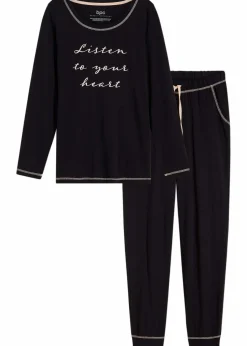 bonprix Wäsche·Nachtwäsche|Nachtwäsche^Pyjama aus reiner Baumwolle schwarz/pfirsichrosa