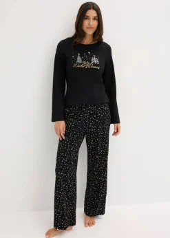 bonprix Wäsche·Nachtwäsche|Nachtwäsche^Pyjama aus reiner Baumwolle mit Glitzerdruck schwarz