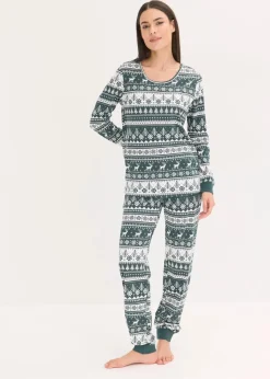 bonprix Nachhaltigere Materialien|Nachtwäsche^Pyjama aus reiner Bio-Baumwolle tiefgrün/weiß