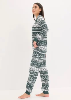bonprix Nachhaltigere Materialien|Nachtwäsche^Pyjama aus reiner Bio-Baumwolle tiefgrün/weiß