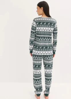 bonprix Nachhaltigere Materialien|Nachtwäsche^Pyjama aus reiner Bio-Baumwolle tiefgrün/weiß