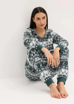 bonprix Nachhaltigere Materialien|Nachtwäsche^Pyjama aus reiner Bio-Baumwolle tiefgrün/weiß