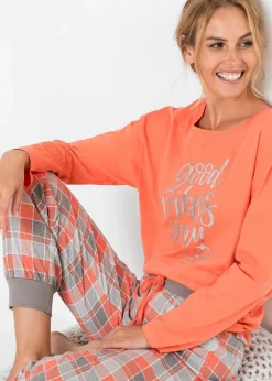 bonprix Wäsche·Nachtwäsche|Nachhaltigere Materialien^Pyjama aus reiner Bio-Baumwolle lachs/grau kariert