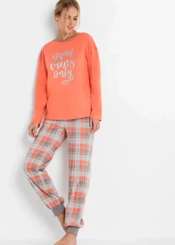 bonprix Wäsche·Nachtwäsche|Nachhaltigere Materialien^Pyjama aus reiner Bio-Baumwolle lachs/grau kariert