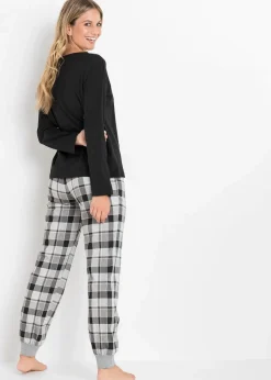 bonprix Nachhaltigere Materialien|Nachtwäsche^Pyjama aus reiner Bio-Baumwolle schwarz/grau kariert