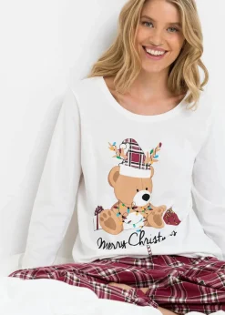 bonprix Wäsche·Nachtwäsche|Nachhaltigere Materialien^Pyjama aus reiner Bio-Baumwolle wollweiß/rot kariert