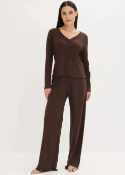 bonprix Wäsche·Nachtwäsche|Nachtwäsche^Pyjama aus Rippe mit Knopfleiste dunkelbraun