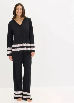 bonprix Wäsche·Nachtwäsche|Nachtwäsche^Pyjama aus softem Viskose-Mix schwarz/wollweiß