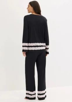 bonprix Wäsche·Nachtwäsche|Nachtwäsche^Pyjama aus softem Viskose-Mix schwarz/wollweiß