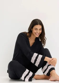 bonprix Wäsche·Nachtwäsche|Nachtwäsche^Pyjama aus softem Viskose-Mix schwarz/wollweiß