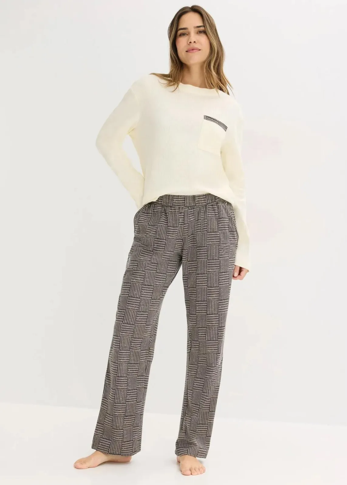bonprix Wäsche·Nachtwäsche|Nachtwäsche^Pyjama aus weicher Baumwolle naturbeige/schwarz kariert