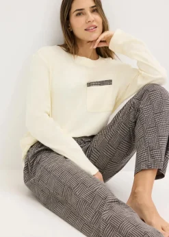 bonprix Wäsche·Nachtwäsche|Nachtwäsche^Pyjama aus weicher Baumwolle naturbeige/schwarz kariert