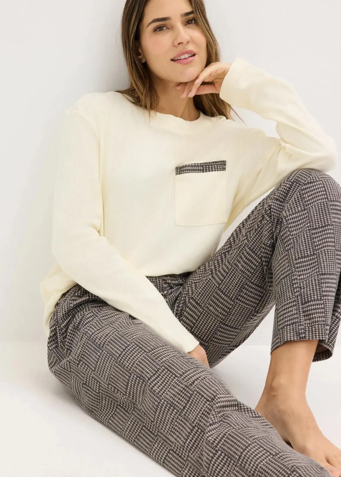 bonprix Wäsche·Nachtwäsche|Nachtwäsche^Pyjama aus weicher Baumwolle naturbeige/schwarz kariert