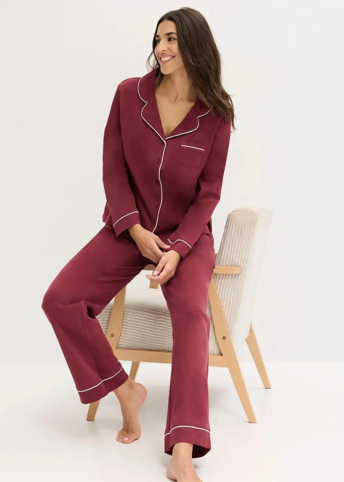 bonprix Wäsche·Nachtwäsche|Nachtwäsche^Pyjama aus weicher Baumwolle mit Knopfleiste ahornrot