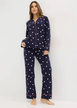 bonprix Wäsche·Nachtwäsche|Nachtwäsche^Pyjama aus weicher Baumwolle maritimblau/weiß gepunktet