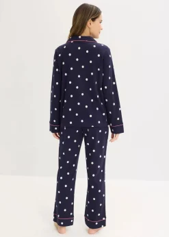 bonprix Wäsche·Nachtwäsche|Nachtwäsche^Pyjama aus weicher Baumwolle maritimblau/weiß gepunktet