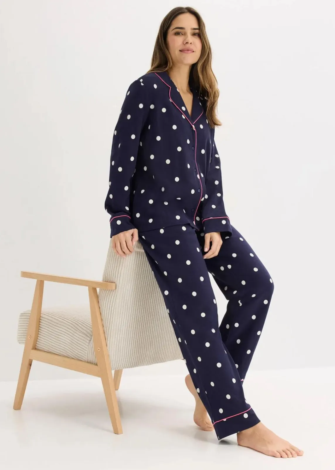 bonprix Wäsche·Nachtwäsche|Nachtwäsche^Pyjama aus weicher Baumwolle maritimblau/weiß gepunktet