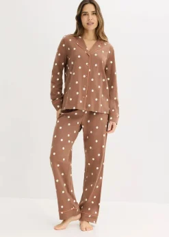 bonprix Nachtwäsche|Wäsche·Nachtwäsche^Pyjama aus weicher Baumwolle maronenbraun/naturbeige gepunktet